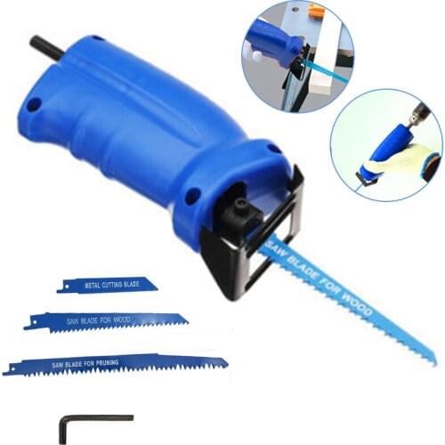 1SET Reciprocating Saw Convert Adapter Wood Cutting Tool Electric Drill Attachment with 3 Saw Blades Hexagon Wrench 22.5x8cm