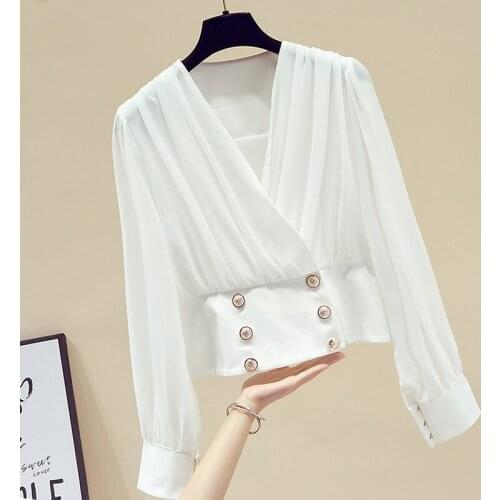 Long Sleeve White Blouse Women Tops Blouse Women Blusas Mujer De Moda 2021 V-Neck Chiffon Blouse Shirt Women Clothing Blusa E515