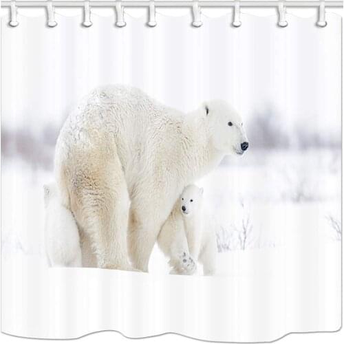 Polar Bear Mother with Two Cubs Walking on Tundra Polyester Fabric Bath Curtains with Hooks