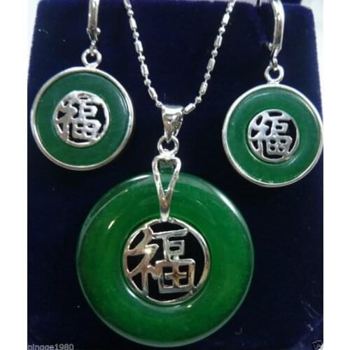 Free Shipping beautiful silver plate jade FU pendant necklace Earrings set Fashion Wedding Party Jewellery