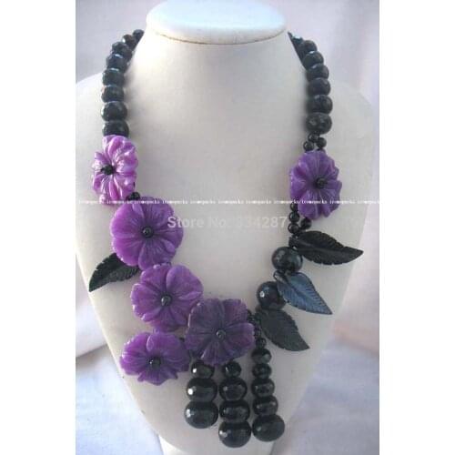 BIGGER! agates black purple jade flower necklace 23" nature