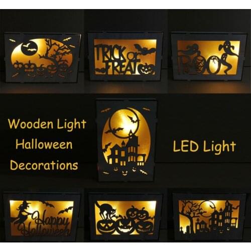 Wooden Hollow Pumpkin Haunted House Halloween Decoration with LED Light Ornaments Home Party Decor Supplies 10 Styles