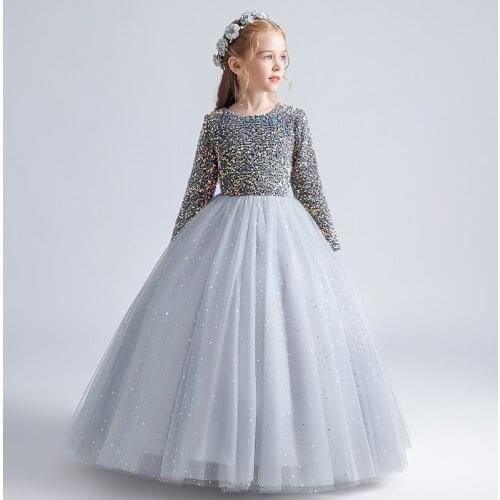 Flower Girl Dresses Illusion Luxury Princess Gray Sequined O-Neck Ball Gown Floor-Length Tulle Elegant Lace Kid Party Skirt H080