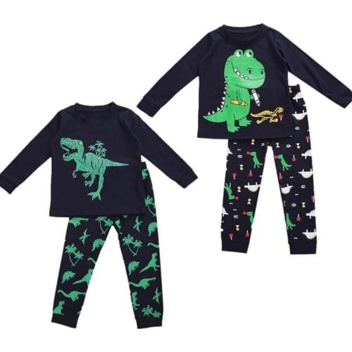 Infant Kids Boy Long Sleeve T-shirt + Trousers Dinosaur Print Thread Closing Classic Round Neck Spring Autumn Pajamas