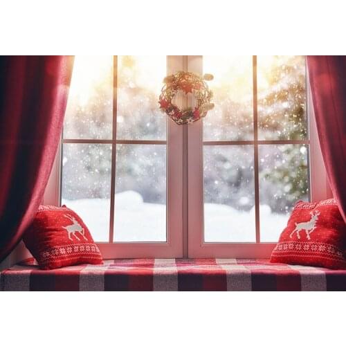 MEHOFOTO photo background fotografia christmas decorated window winter forest snowing red reindeer pillow photographic backdrop