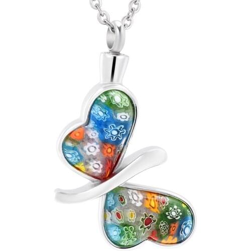IJD8117 Stainless Steel Cremation Millefiori Glass Butterfly Keepsake Pendant Memorial Ashes Urn Holder Jewelry Locket Urn
