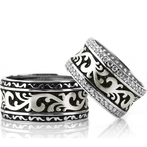 Tesbihane Classic Eastern Motif 925 Sterling Silver Couple Wedding Rings