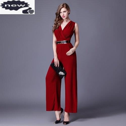 Fashion Women Sexy V Neck Sleeveless Jumpsuit Ankle Length Wide Leg One Piece Playsuits Office Ladies High Waist Sashes Bodysuit
