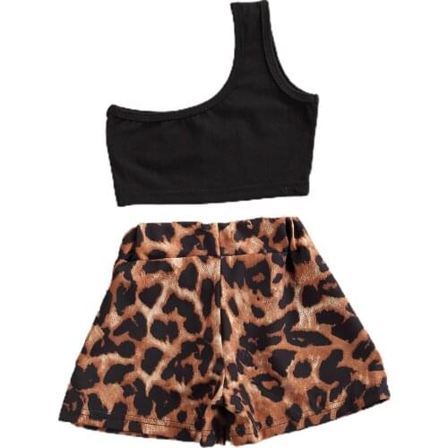 New Kids Baby Girls Fashion 2-piece Outfit Set One Shoulder Tops+Leopard Shorts Set for Children Girls
