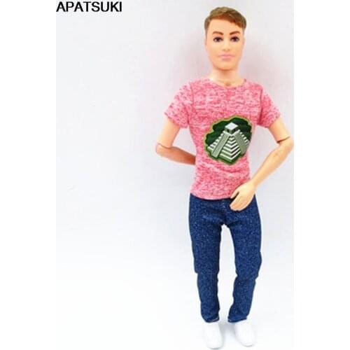 Pink Fashion Doll Clothes For Ken Doll Outfits T-shirt & Denim Jeans Pants For Barbies Boyfriend Ken Male 1/6 Doll Accessories
