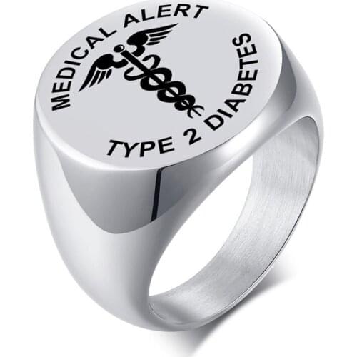 Mens Basic Type 2 Diabetes Disease Name Rings for Male Medical Remind Jewelry Round Top Stainless Steel Signet Ring
