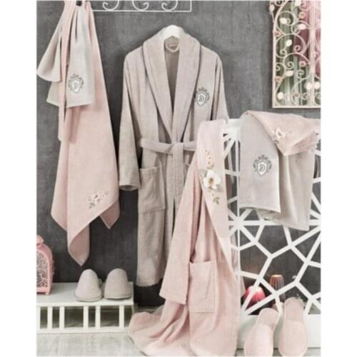 NEW SEASON, NEW COLLECTION Powder and Stone Color Bamboo Bathrobe Set with 3D Embroidery 8 Piece