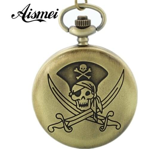 Wholesale buyer price good quality girl woman lady fashion vintage bronze skull pocket watch necklace hour