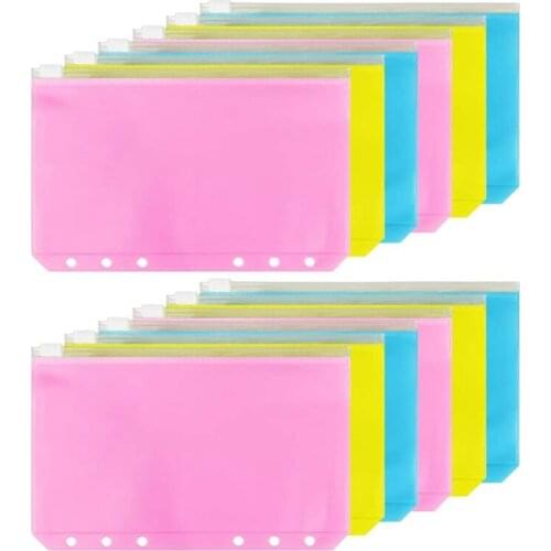 12Pcs Binder Pocket A6 Size 6 Holes Binder Zipper Folders for 6-Ring Notebook Waterproof Binder Loose Leaf Bags