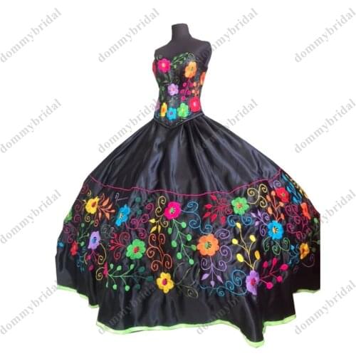 Sexy Black Colorful Flowers Embroidered Sweetheart 2022 Satin Quinceanera Dresses Cheap Mexicano Charro Corset XV Sweet 15 Anos
