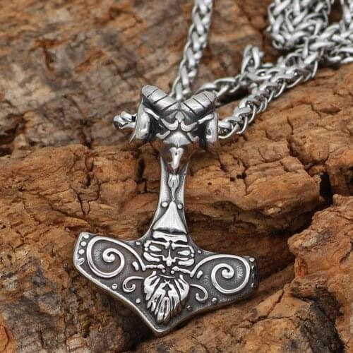 Nordic stainless steel thor hammer Mjolnir goat odin head pendant necklace