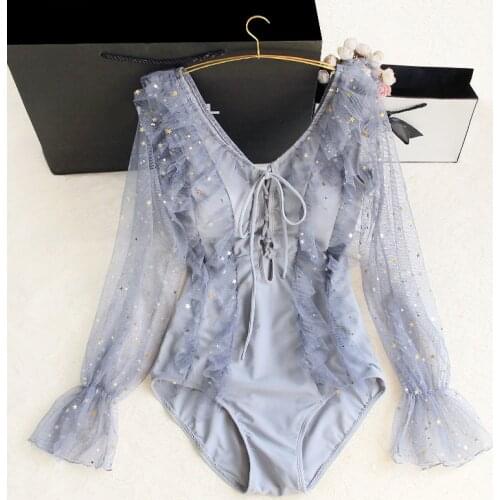 STAERK Spas ins wind one-piece fairy female sense of plastic triangle lace swimsuit conservative long-sleeved belly show thin