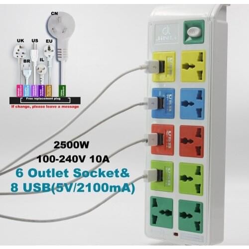 Surge Protected smart socket 6 Outlet Power Socket & 8 usb socket with EU UK US universal power strip