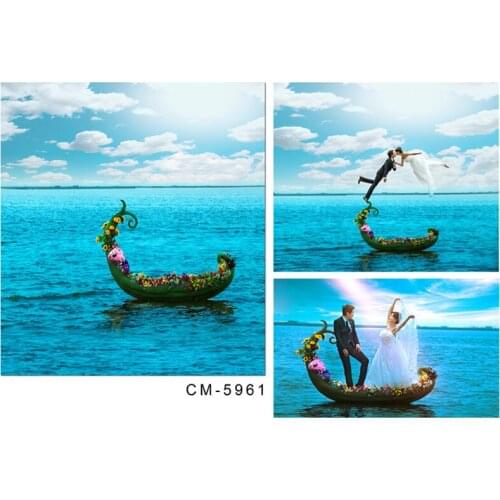 Thin Vinyl Cloth Photography Backdrop for Studio 5x7 Romantic Blue Sea and Sky Flower Boat Background For Wedding Photo Shoots
