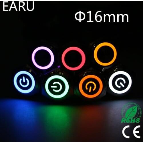 16mm Waterproof Metal Push Button Switch LED Light Latching Fixation Momentary Car Engine Start PC Power Red Blue 5V 12V 3-380V