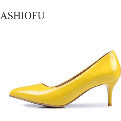 ASHIOFU Handmade Ladies 6cm Mid Heel Pumps Party Office Dress Shoes Large Size Shiney Fashion Evening Court Shoes Six Colors