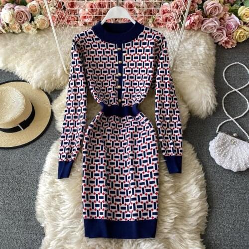 Winter New Style Korean Elegant Vintage Bottoming Sweater Bodycon Sheath Dress Women Houndstooth Knitted Dress