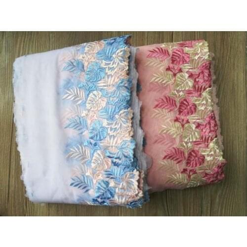 1Yard Blue Pink Leaf Embroidered Lace Trim Handmade DIY Sewing Craft Mesh Fabric Ribbon Trimming for Sofa Tablecloth Decoration