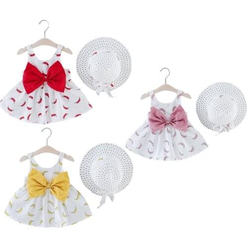 Baby Girls Summer Sweet Style Banana Printing Sleeveless Dress Children Bow Decoration Skirt Toddlers Princess Dress +Hat 2PCS