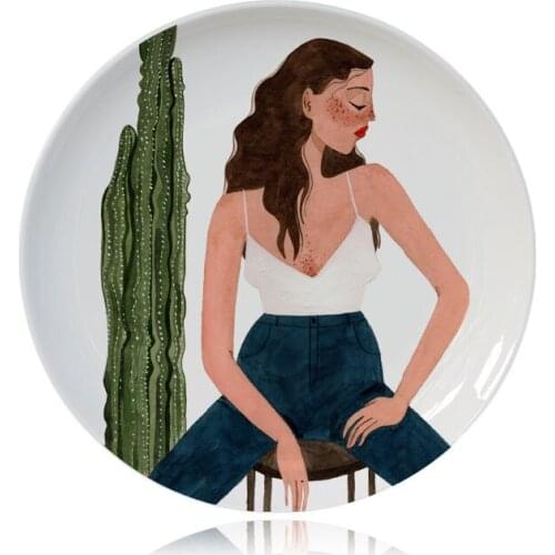 Feminine Art Prints for Creative Plant Lovers Decorative Plate Ceramic Round Flora Girl Drawing Illustration Dish Nature Pattern