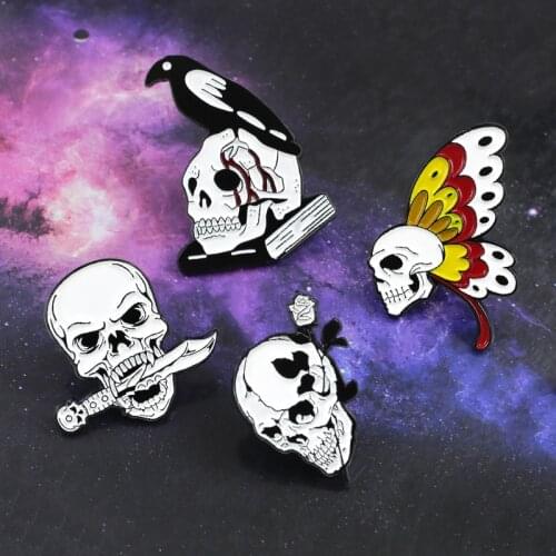 Divide Face Enamel Pins Punk Skeleton Crow Rose Knife Lapel Pin Halloween Badge Backpack Brooch Evil Eye Fun Jewelry Gift Friend