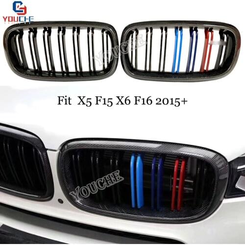 F15 Carbon Fiber 2-slat Front Kidney Grille for BMW X5 F15 X6 F16 2014 + 5-door SUV Gloss M Color Front Bumper Grille Mesh