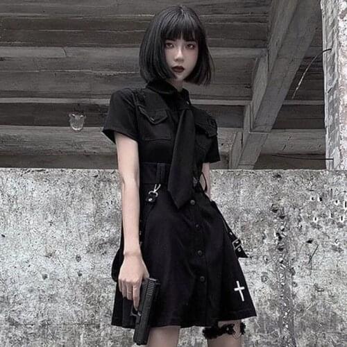 Goth Dress Punk Gothic Harajuku Summer Black Mini Dress Shirt Women 2021 Short Sleeve Mall Goth Accessories Lolita dress
