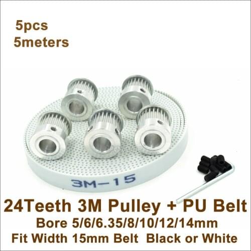 POWGE 5pcs 24 Teeth 3M Pulley Bore 5/6/6.35/8/10/12/14mm + 5meters HTD 3M PU Synchronous Belt W=15mm HTD3M CNC Engraving Machine