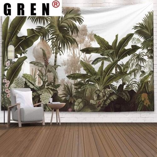 GREN Palm Tree Tapestry Art Wall Hanging Tropical Leaves Flowers Pattern Large Background Ceiling Wall Cloth Carpet Home Decor