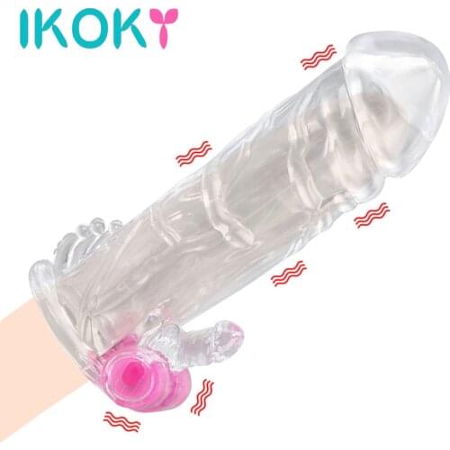 IKOKY Delayed Ejaculation Reusable Condom Sex Toys For Men G-spot Cock Sleeve Penis Sleeve Vibrator Penis Rings Enlargement