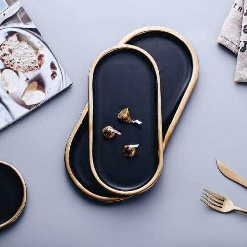 Black And Golden Strokes Ceramic Plates Dishes Porcelain Dinner Dessert Plate Steak Dish Jewelry Trays Rings Bracelets Holder