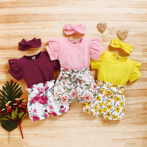 Baby Girls Clothing Sets New Summer Solid Frill Tops+Floral Shorts+Headband Outfits 2Pcs for Kids Clothing Sets Baby Clothes Set