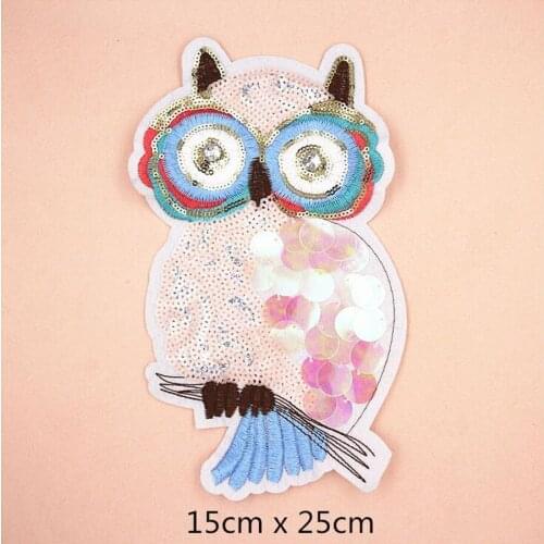 Beautiful Big Owl Sequins Patches Embroidered Appliques DIY Apparel Accessories Patch Clothing Accessories Fabric Badge BU99