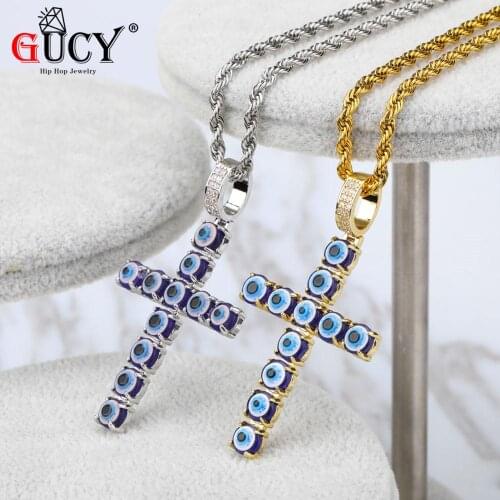 GUCY Iced Zircon Ankh Cross Pendant Gold Silver Color Copper Material CZ Eyes Pendant Necklace Men Women Hip Hop Jewelry