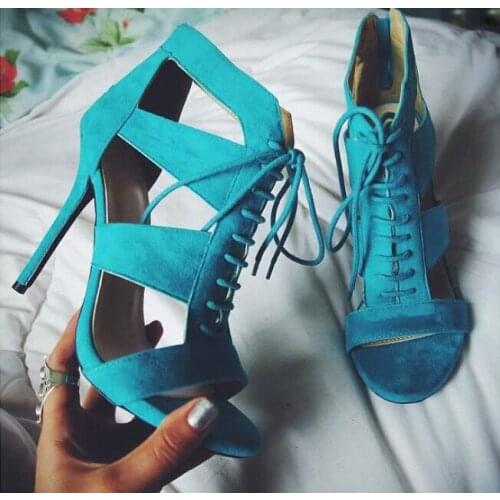 Top selling skyblue cutouts high heel summer sandals open toe party dress shoes woman strappy shoes woman for ladies