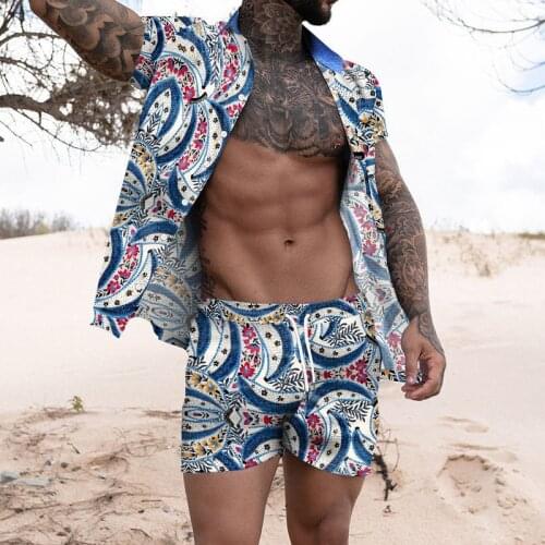 Men Fashion Hawaiian Print Short Sleeve Shirt Set Mens Beach Coconut Print Shorts Mens Daily Beach Shirt Set Two-piece S-4XL