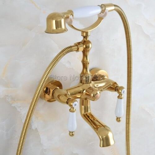 Wall Mounted Gold Color Brass Bathroom Clawfoot Tub Faucet telephone style Bath Shower Water Mixer tap with Handshower lna856