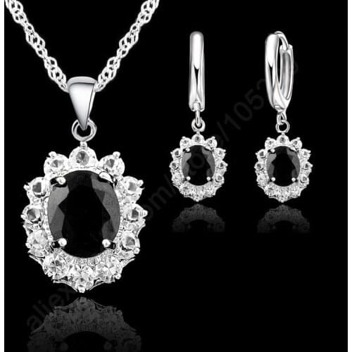 Vogue Princess Wedding Engagement Necklace Earring Jewelry Sets 925 Sterling Silver Oval Black Crystal Good Quality