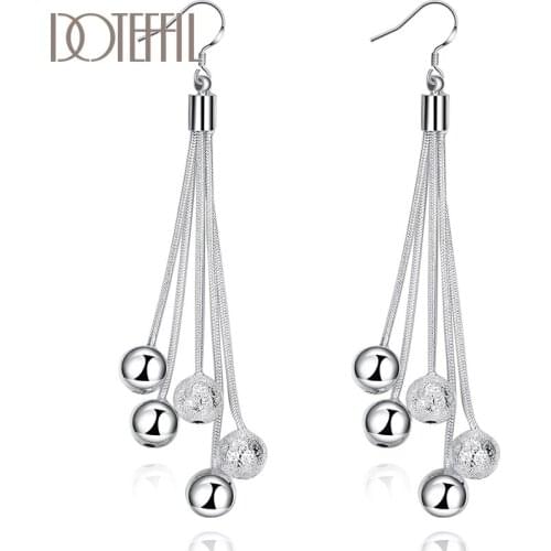DOTEFFIL 925 Sterling Silver Five Line Snake Chain Smooth Frosted Beads Ball Earring For Women Wedding Engagement Party Jewelry