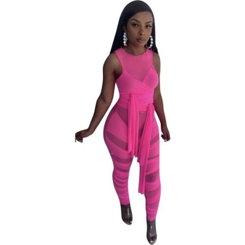 Neon Color Mesh Sheer 2 Piece Club Outfit Women Hipster Ribbon Sleeveless Tank Top+see Through Skinny Legging Co-ord Tracksuit