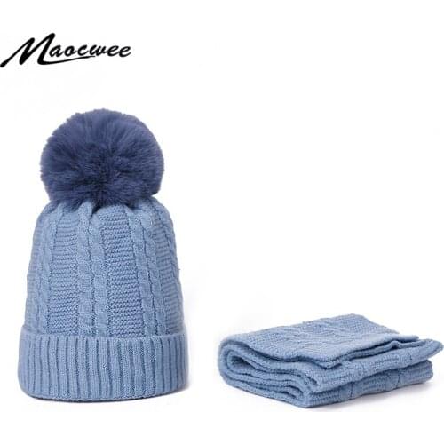Faux Fur PomPon Beanies Hat Scarf Set Knitted Skullies Children Hats Winter Autumn Warm Wool Crochet Kids Caps With Lining Sets