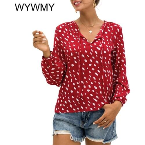 Printed Top Women Blouses 2021 Summer Autumn V-Neck Puff Sleeves Skinny Straight Dots Printing Pullover Casual Women T-shirts