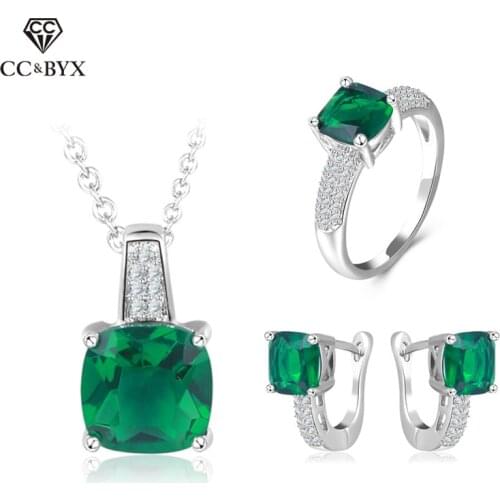 CC Jewelry Vintage Green Stone Earring Necklace Ring Jewelry Set For Women Sterling Silver Jewelry Wedding Party Bijoux CCAS109