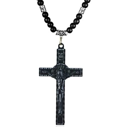 Womens Retro Cross Jesus Beads Chain Necklace Religious Pendant Necklaces for Men Crucifix Jewelry Statement colar MN219