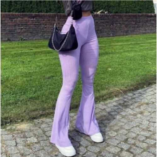 Women Flare Pants Purple Sweatpants Female Vintage Clothing Ladies Ribbed Knitted Slim Elastic High Waist Long Trousers